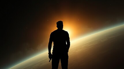 Obraz premium A solitary figure stands in silhouette gazing at a breathtaking cosmic sunset illuminating a distant planet creating a moment of reflection and wonder