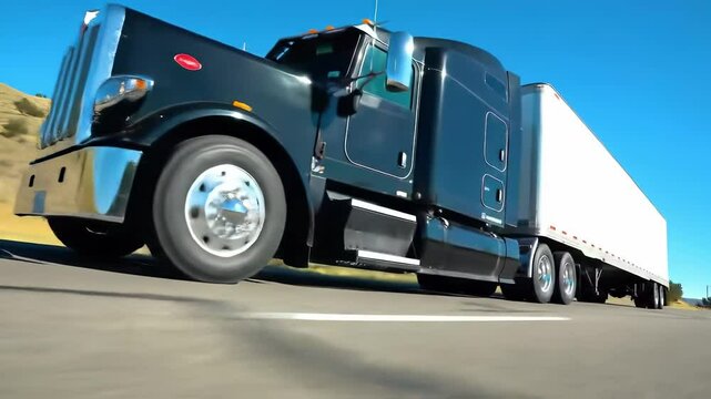 A large black truck travels at high speed on a smooth highway. The landscape features rolling hills and a bright blue sky, creating a scenic backdrop for the journey.