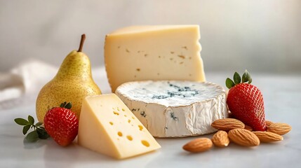 Assorted cheeses, pear, and almonds