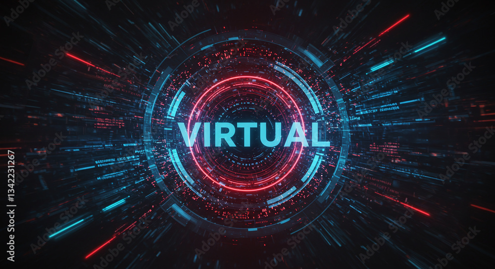 Poster virtual reality tech: immersive digital experience, a vibrant depiction of interconnected data strea