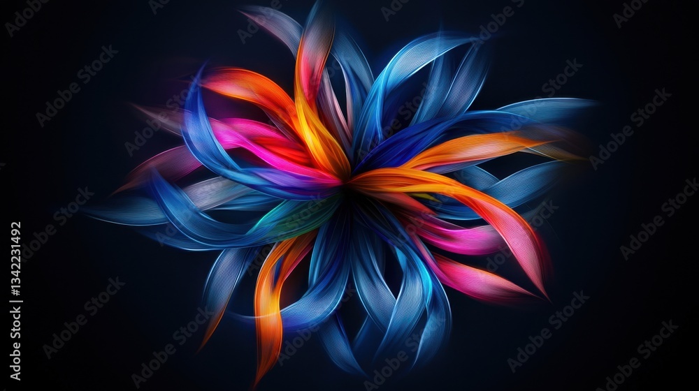 Poster vibrant ribbons in various colors swirl and twist around a central point, creating a dynamic and eye