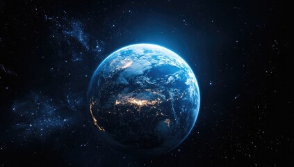 Detailed view of Earth in space, bright blue light, dotted with stars and nebulae, low light, night-time effect on Earth, stylized, digital illustration, high resolution, planets
