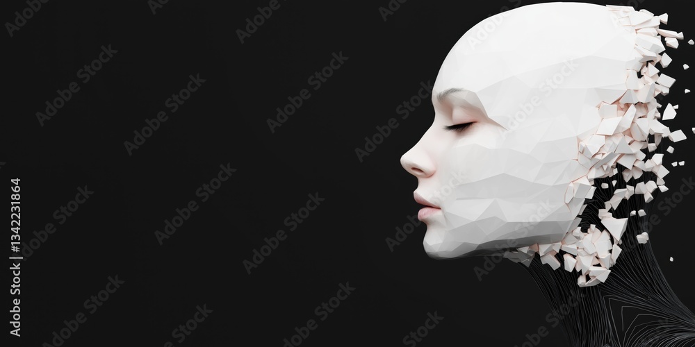 Poster a woman's face is shown in a black background with a white face. the face is made up of many pieces,