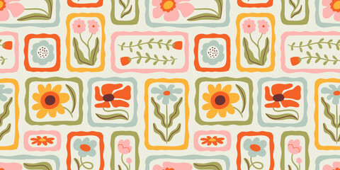Colorful floral seamless pattern illustration. Vintage style flower frame background design. Geometric natural wallpaper print, spring season nature backdrop texture with flowers.