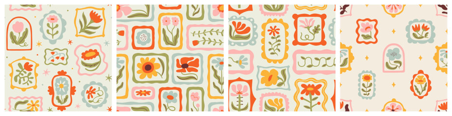 Colorful floral seamless pattern illustration set. Vintage style flower frame background design collection. Geometric natural wallpaper print, spring season nature backdrop texture with flowers.