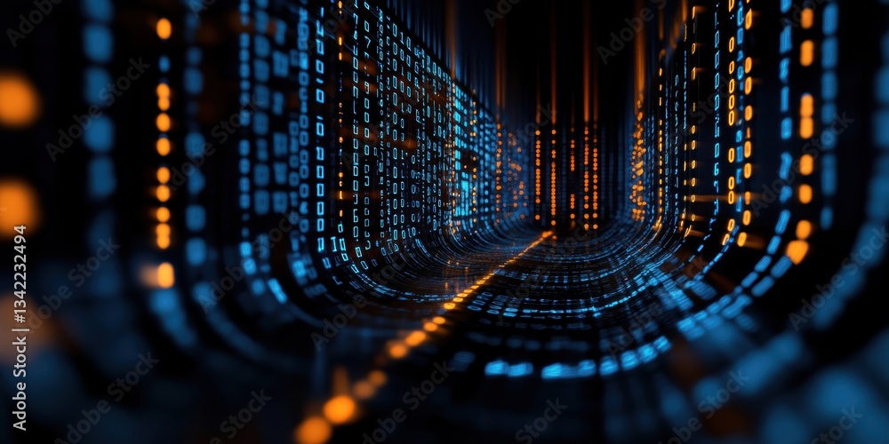 Poster streaming binary code flows through a digital tunnel of blue and orange hues generative ai