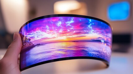 Hand holds a flexible display showing a vibrant sunset over the sea.