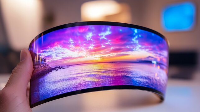 Hand holds a flexible display showing a vibrant sunset over the sea.