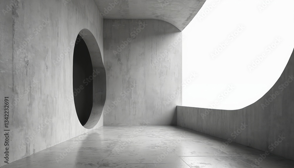 Poster Abstract concrete interior with circular opening. Modern architectural design with minimalist style, geometric shapes. Empty space, smooth textures, bright light, shadows create contrast. Building