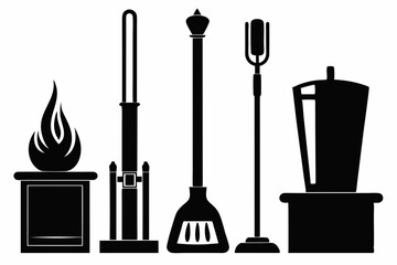 fireplace tool set line art silhouette vector illustration