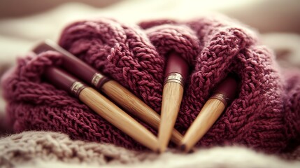 Cozy Knitting Needles Nestled in Warm Wool.