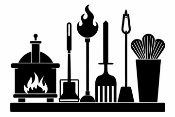 fireplace tool set line art silhouette vector illustration