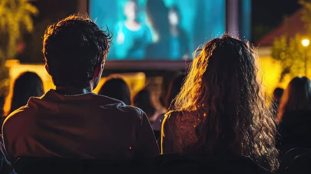 People enjoying an outdoorie night with a backdrop of a bright screen and night sky, Back view of people watching aie projected on a large screen outdoors at night