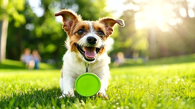 A dog playing fetch with a frisbee in a sunny park, with clear skies and a fresh green lawn.