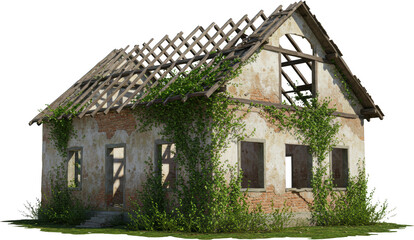 Fototapeta premium Overgrown Abandoned House Ruin with Collapsed Roof and Ivy A dilapidated brick building overgrown with vegetation