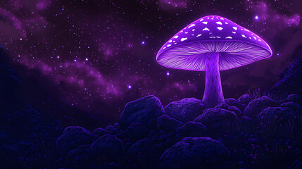 Glowing purple mushroom night scene - a vibrant purple mushroom glows brightly in the dark, surrounded by rocks under a deep purple night sky. Enigmatic Spores. Illustration