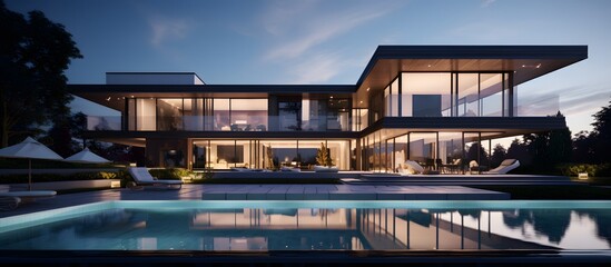 Fototapeta premium Modern luxury home with infinity pool at sunset.