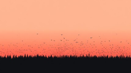 A Flock of Birds Silhouetted Against a Coral Sky at Sunset