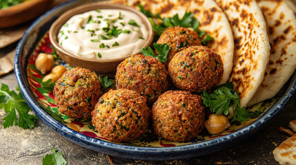 Crispy falafel balls with a golden crust, tender chickpea interior, served with creamy tahini and fresh pita bread on a vibrant Middle Eastern plate