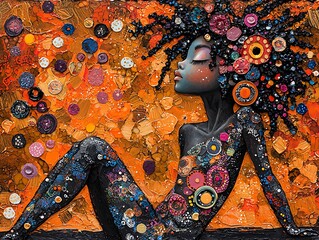 Serene Girl for Colorful Buttons, Autumnal Background.
