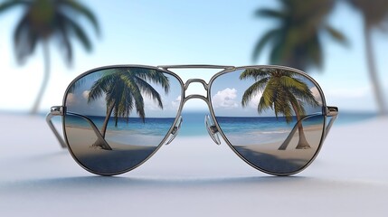 Pair of sunglasses on a planar white background. in the lenses of the sunglasses we see the reflection of the sea and palm trees