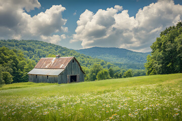 Obraz premium Timeless Countryside Essence: A Rustic Barn Amidst Rolling Hills and Lush Meadows Under an Expansive Sky