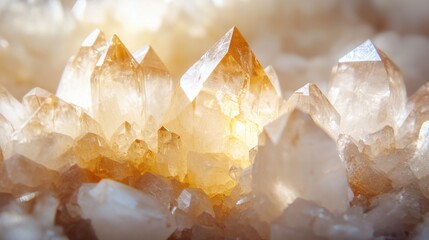 Glimmering Quartz Crystals with Golden Tones in Soft Focus Background