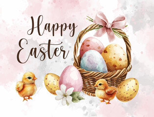 Happy Easter horizontal postcard with Easter Basket, Chicks and Eggs drawn Watercolor