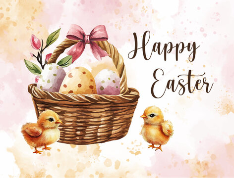 Watercolor Illustration with Easter Basket,  Chick and Eggs horizontal greeting festive background