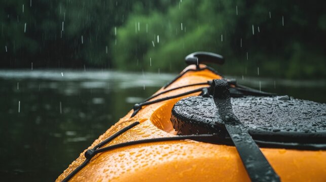 Kayak glistens under raindrops, reflecting serene surroundings a