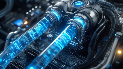 Intricate technology Glowing blue liquid flows through tubes in a complex system
