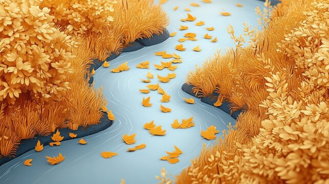 Serene river with autumn foliage and floating leaves in warm color scheme