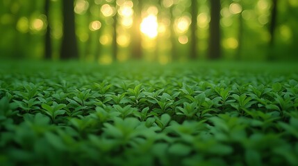 Naklejka premium Vibrant green plants basking in warm sunlight in a serene forest setting during the early morning hours