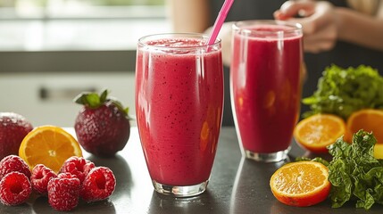 Refreshing smoothie preparation with vibrant fruits and greens in a modern kitchen setting