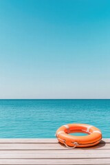Obraz premium Bright orange lifebuoy rests on wooden dock against tranquil blu