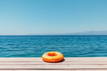 Bright orange flotation ring rests on wooden pier overlooking ca