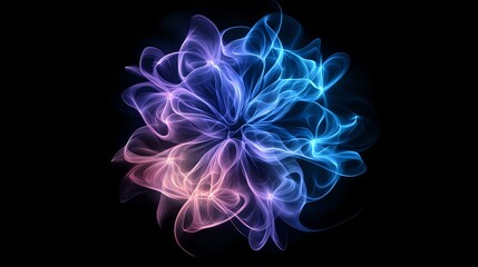 Obraz premium Ethereal glowing abstract flower shape in blue and pink neon colors against black background, luminous smoke-like flowing lines creating magical light effect.