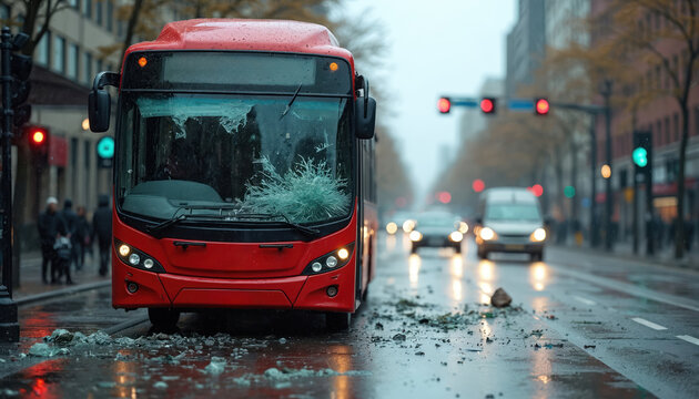 Red city bus with shattered windshield on rainy street, surrounded by debris. Traffic incident aftermath, damaged vehicle. Urban scene reflects transport crisis, commute disruption, emphasizes