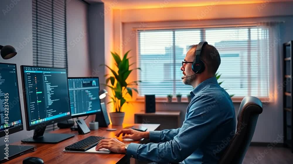 Poster man diligently coding at a multi-monitor workstation in a softly lit workspace showcasing focus tech