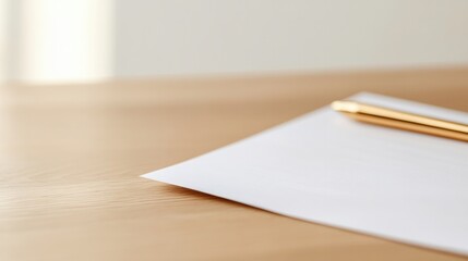 Blank paper rests on wooden surface, complemented by elegant gol