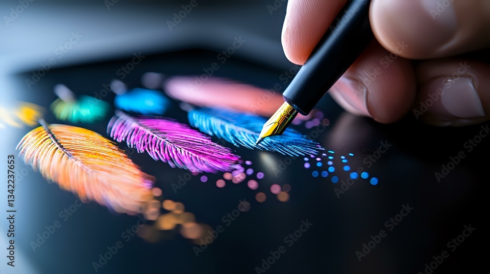Poster colorful dots and lines drawn with brush on black paper, creating vibrant artistic pattern with oran