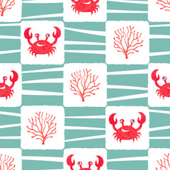 Image of Sea checkered pattern with cute crabs and corals. Vector marine illustration printed on Printed Glass Splashbacks