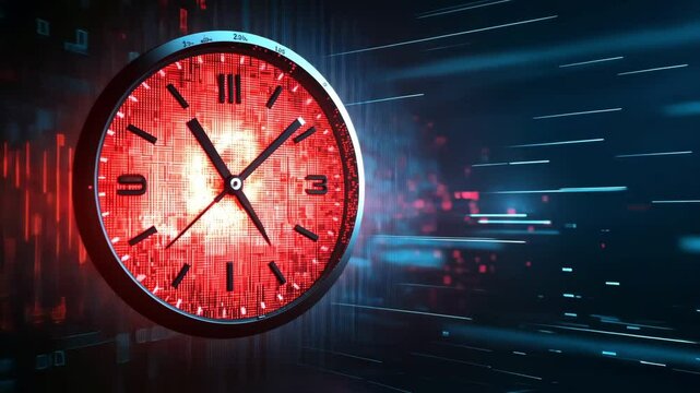 Digital clock displays time with a futuristic design and vibrant red colors showcasing speed and technology