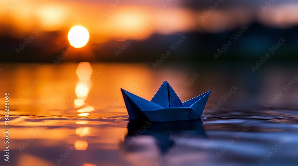 Poster paper boat floating on calm water surface at sunset with golden sun reflection creating dreamy atmos