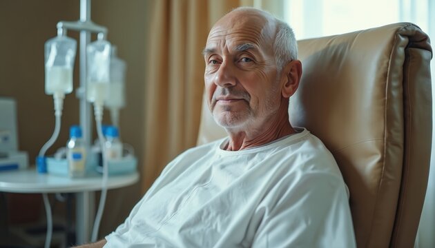 Mature man on chemo in clinic. Sick patient in hospital chair receives intravenous medicine. Treatment, healthcare, oncology, cancer awareness concepts. Bald senior male with IV drip. Chemotherapy