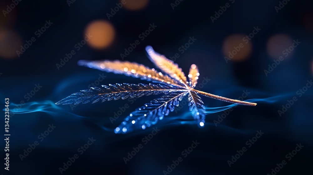 Poster delicate maple seed pod with water drops glowing in dark blue twilight, creating magical bokeh effec