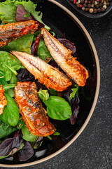 Mackerel fish tomato sauce canned seafood gourmet food background on the table rustic food top view copy space keto and paleo diet vegetarian food pescetarian diet