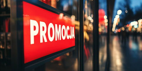 Promocja - Czerwony napis po polsku w oknie sklepowym,  © Silent26