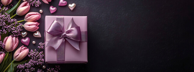 A pastel purple gift box adorned with satin ribbon and surrounded by tulips, ideal for Mother's Day, Valentine's Day, or floral-themed events with a romantic ambiance.