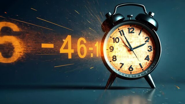 Clock shatters in an explosion of particles, symbolizing the passage of time and urgency in a dynamic digital world